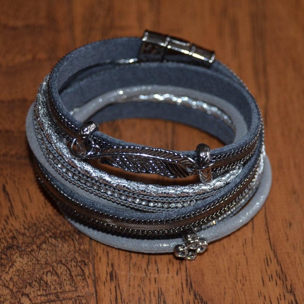 Gray/Silver Cuff Wrap Bracelet with Feather Detail